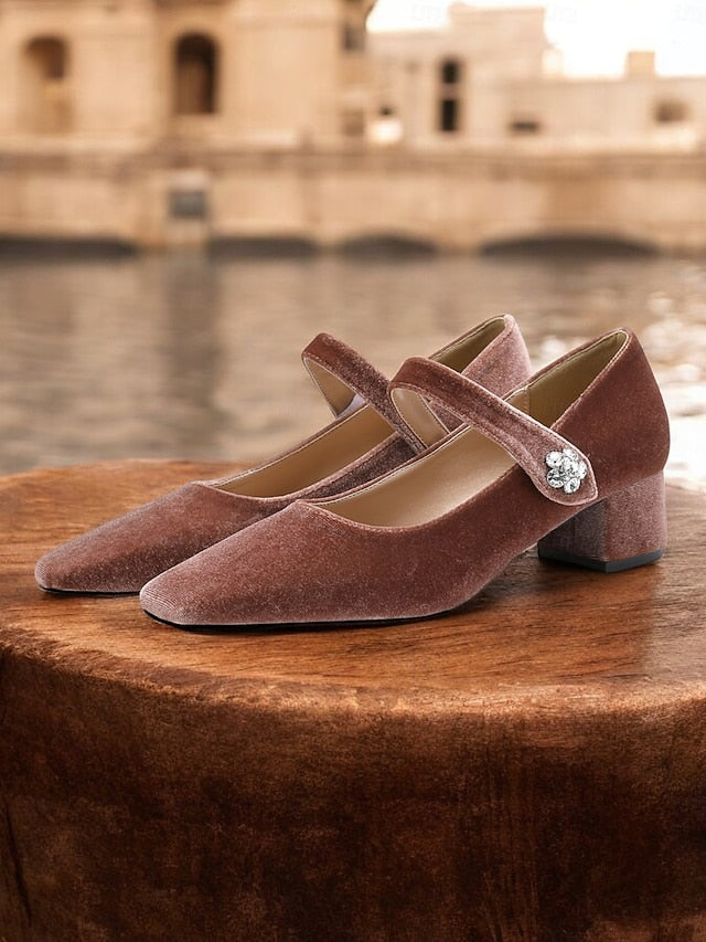 Block Green Pumps - Women's Square Mary Velvet Jane Toe