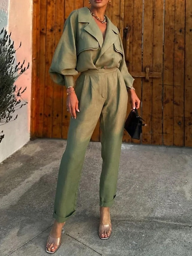 Women's Shirt Wide Leg Pants Long Sleeve Shirt Collar Plain