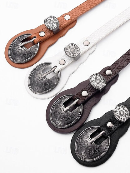 Leather Vintage Women's Faux Belt with Carved Western Waist
