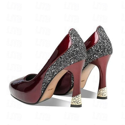 Leather Women's with Glitter Patent Heels Burgundy Platform