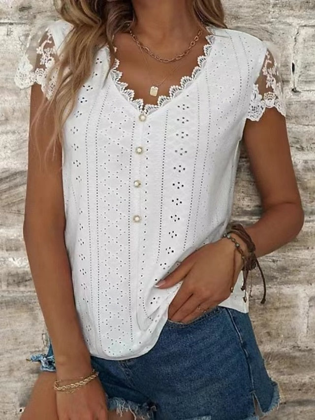Women's Blouse Lace Eyelet Buttons Solid Color Stylish