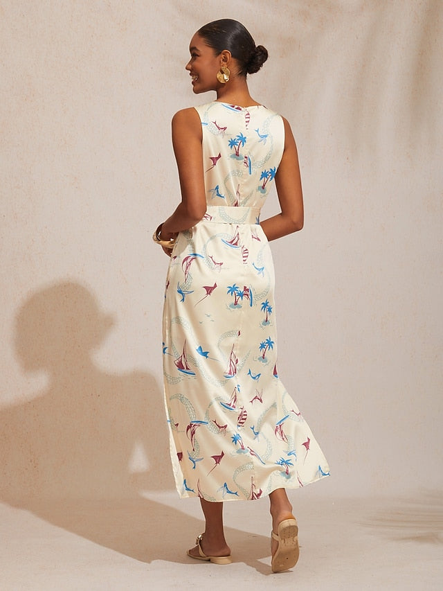 Vacation Ocean Elements Straight Satin Maxi Dress