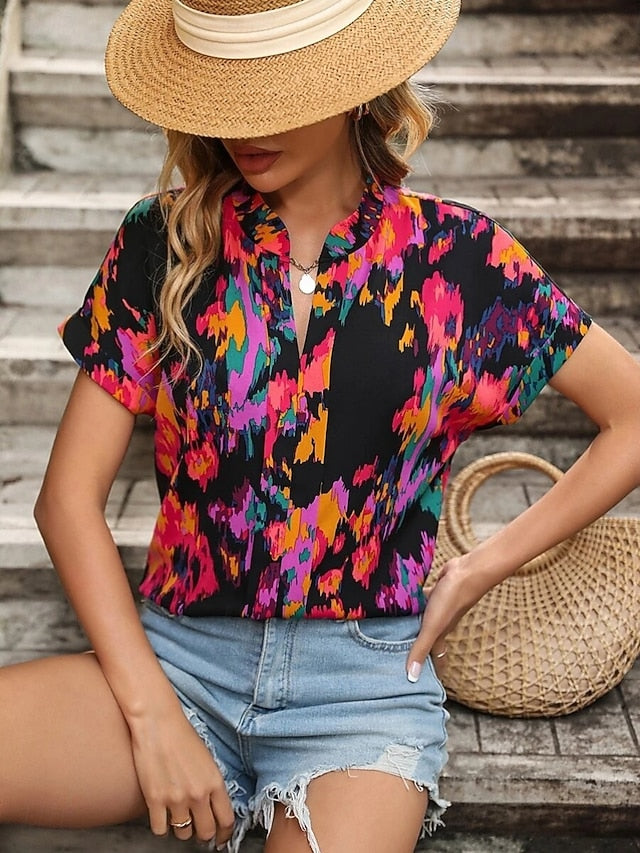 Women's Blouse Print Floral Stylish Casual Short Sleeve V