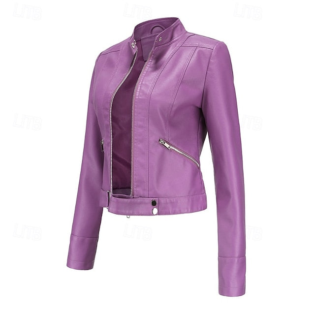Faux Zipper Jacket Pocket Leather Women's Comfortable