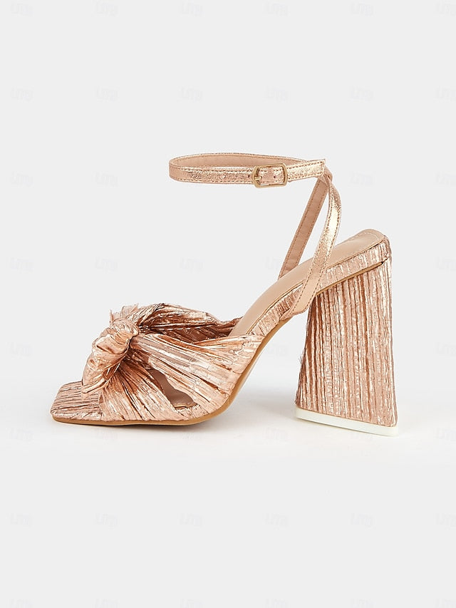 Rose Textured Detail with Heel Sandals and Knot Gold Block