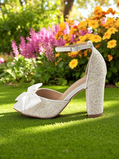 with Glitter Heel Ankle Block White Women's Wedding Sandals
