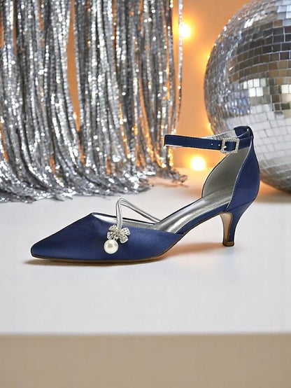 Women's Heels Pearl with Dark and Blue Kitten Satin