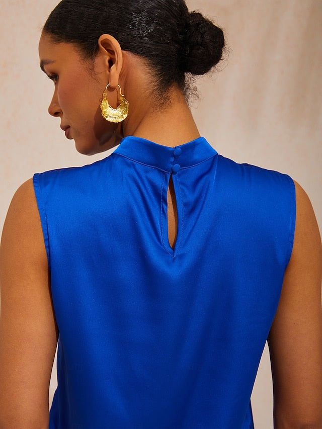 Ocean Blue Orchid Silky Satin Stand Collar Top