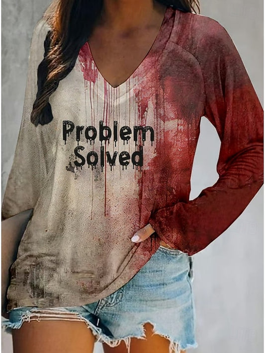 Women's T Shirt Bloodstain V Neck Long Sleeve Graphic