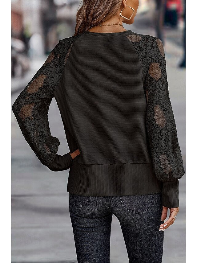 Women's Top Lace Knit Ribbed Embroidered Tops Splicing