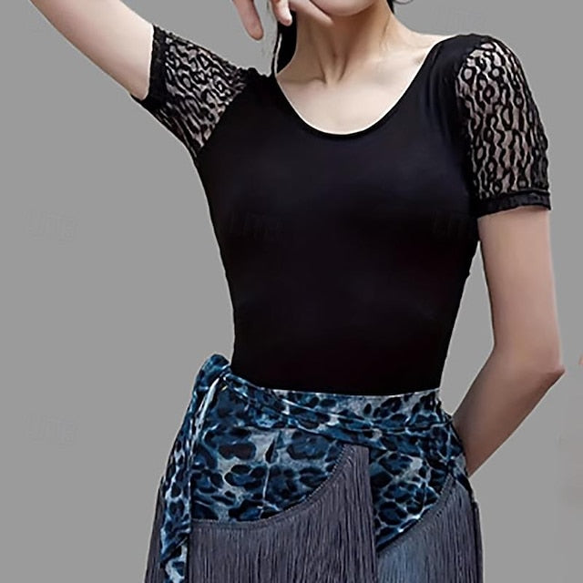 Latin Dance Ballroom Dance Top Lace Hollow-out Pure Color