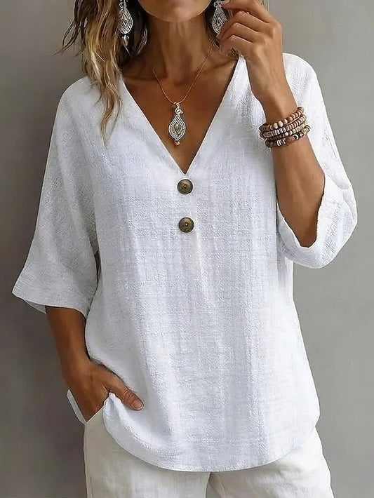 Women's Blouse Faux Linen Shirt Buttons Solid Color Daily