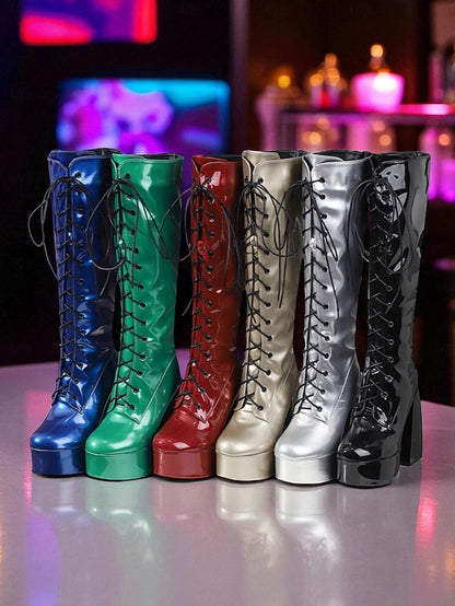 Platform Metallic High Knee Women's Silver Lace-Up - Boots