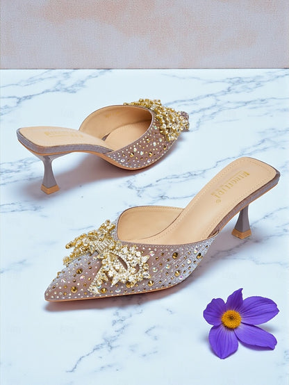 Toe Rhinestone Pointed Slip-On Women's Mules - Glitter