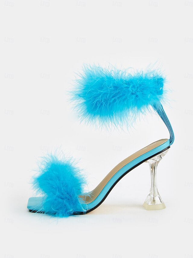 Feather-Embellished Heel Clear with Sandals Turquoise High