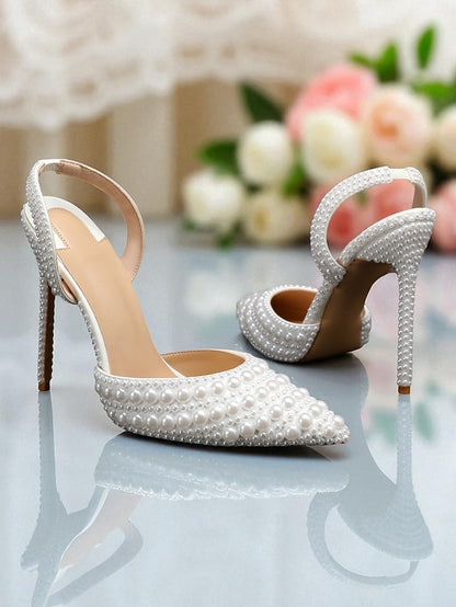 Leather - Heels Slingback Pearl-Embellished Women's White