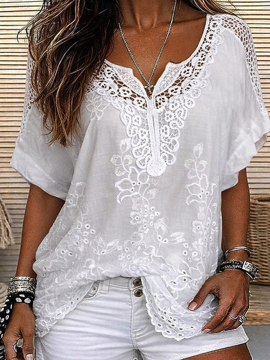 Women's Blouse Lace Solid Color Stylish Casual Short Sleeve
