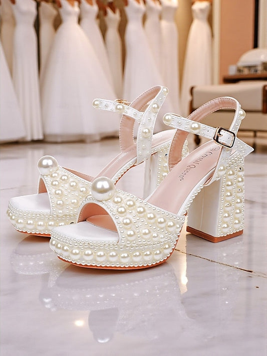 Block Heel Platform Embellished White Sandals Pearl Women's