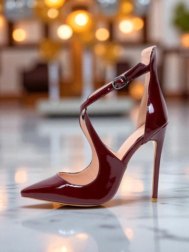 Stiletto Women's Patent Strappy Heels - Purple Leather