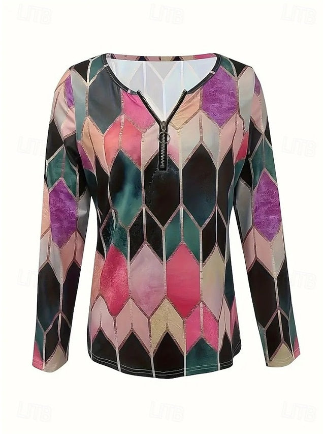 Women's T Shirt Quarter Zip Long Sleeve Casual Graphic