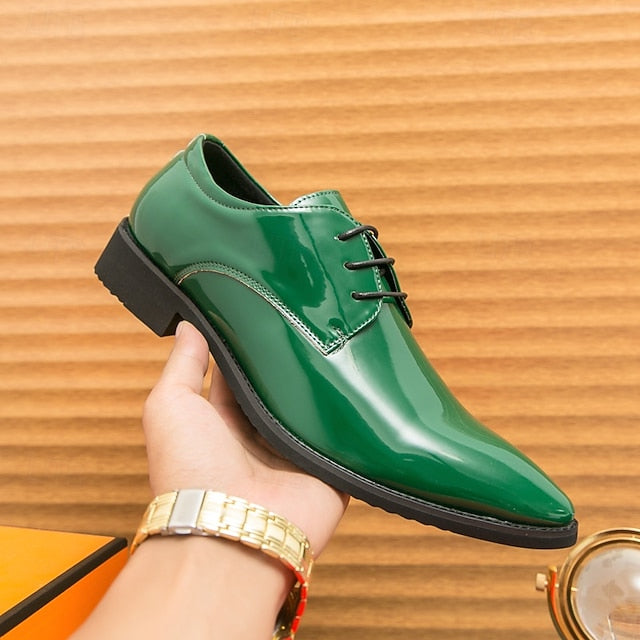 Leather Patent for – Formal Lace-Up Men Glossy Shoes Green