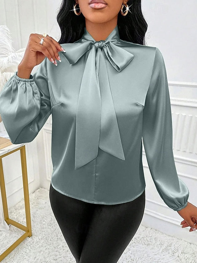 Women's Shirt Elegant Dressy Satin Top Bow Solid Color
