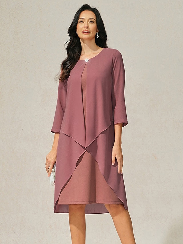 Women's Evening Dress Cape Sleeve Knee-Length Elegant Green