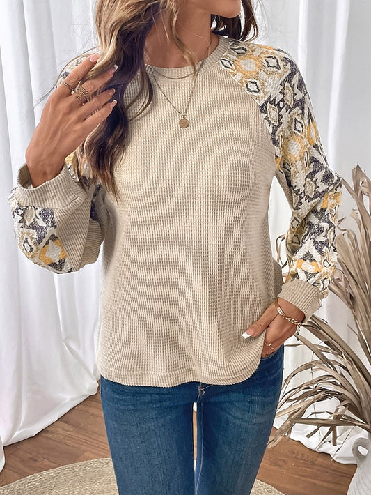 Women's Waffle Knit Tops Patchwork Color Block Print