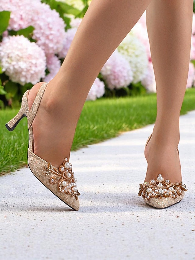 - Detailing Black Satin Heels Slingback Women's Pearl with