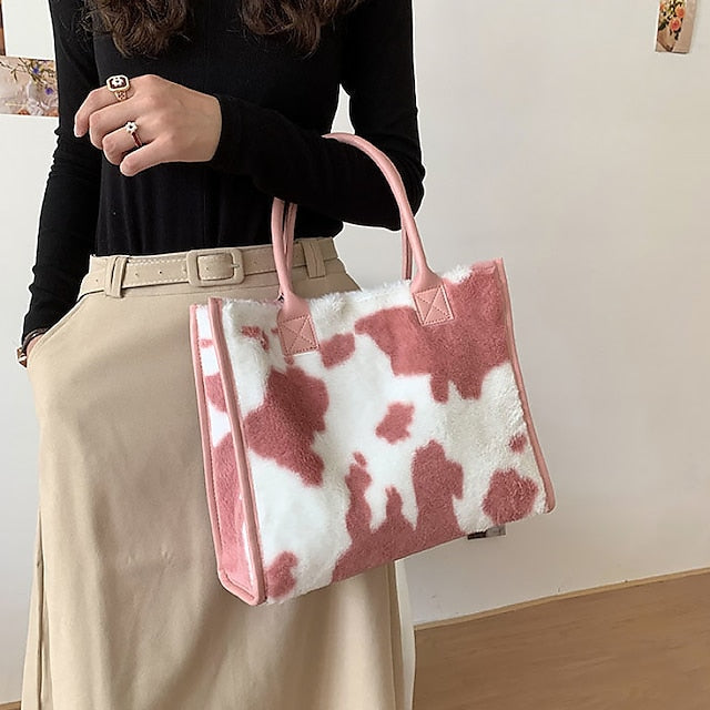 Tote Bag with Leather Faux Leopard Print Brown Women's Fur