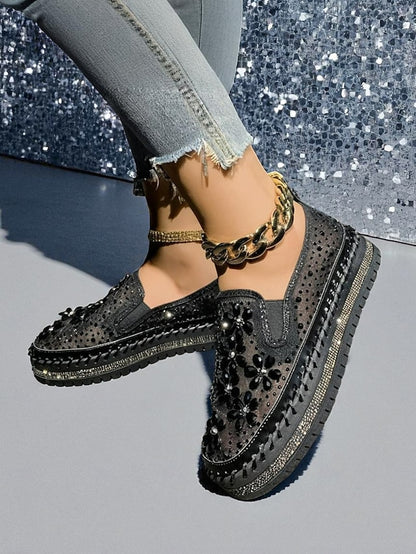 Embellished Sneakers Slip-On with Women's Mesh Rhinestone