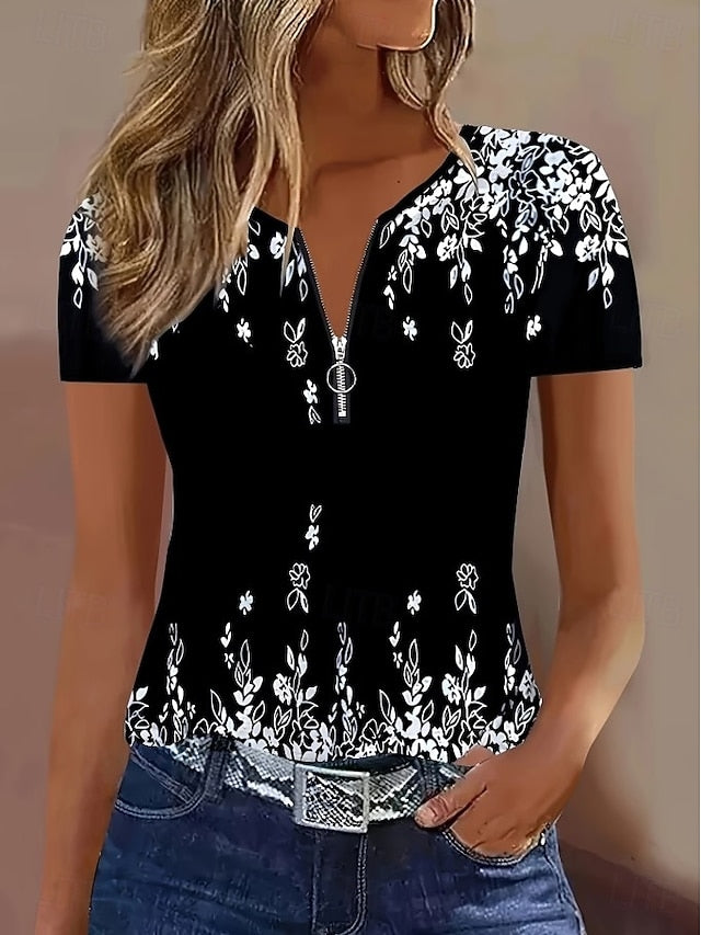 Women's T Shirt Quarter Zip Floral Graphic Plants Tropical