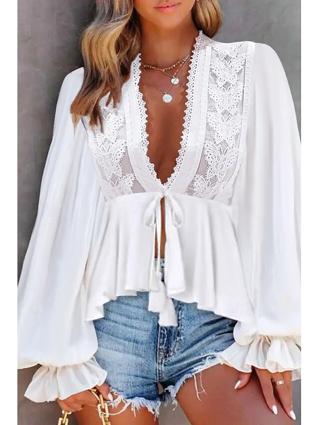 Women's Boho Shirt Lace Shirt Blouse Buttons Plain Daily