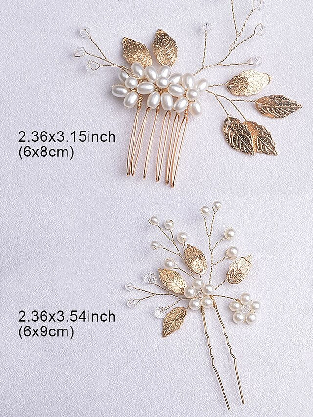 Set Pearls Hair with and Silver Leaf Faux Bridal Gold Accessory