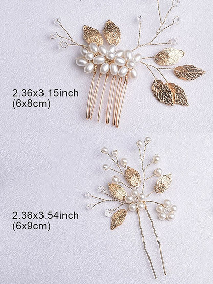Set Pearls Hair with and Silver Leaf Faux Bridal Gold Accessory