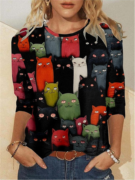 Women's T shirt Long Sleeve Crew Neck Long Sleeve Tunic Cat