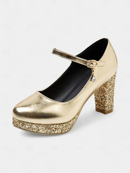 Pumps Glitter Heel Sparkly Jane Mary Block – Women's Gold