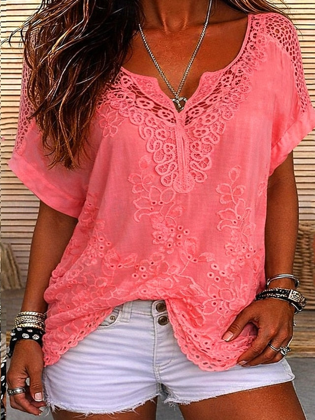 Women's Blouse Lace Solid Color Stylish Casual Short Sleeve