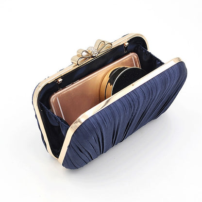 Bow Pleated Clutch Elegant Bag White Rhinestone Women's –