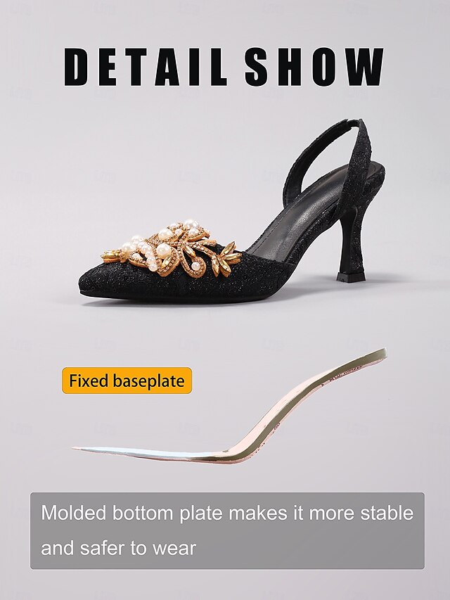 - Slingback Detailing Satin Pearl Women's Heels with Black