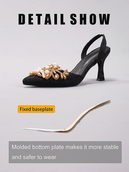 - Slingback Detailing Satin Pearl Women's Heels with Black