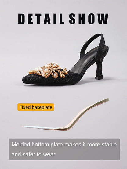 - Detailing Black Satin Heels Slingback Women's Pearl with