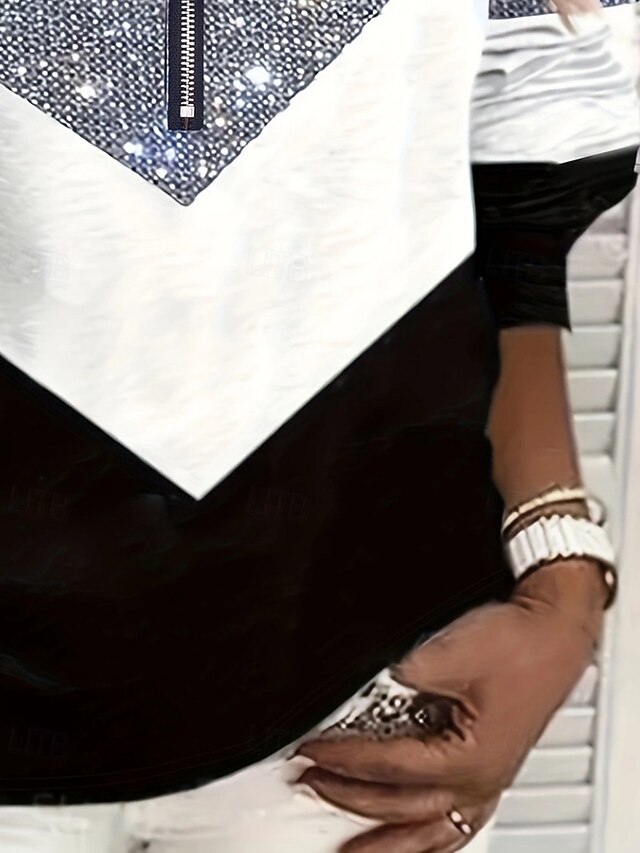 Women's Blouse Sequins Quarter Zip Color Block Elegant