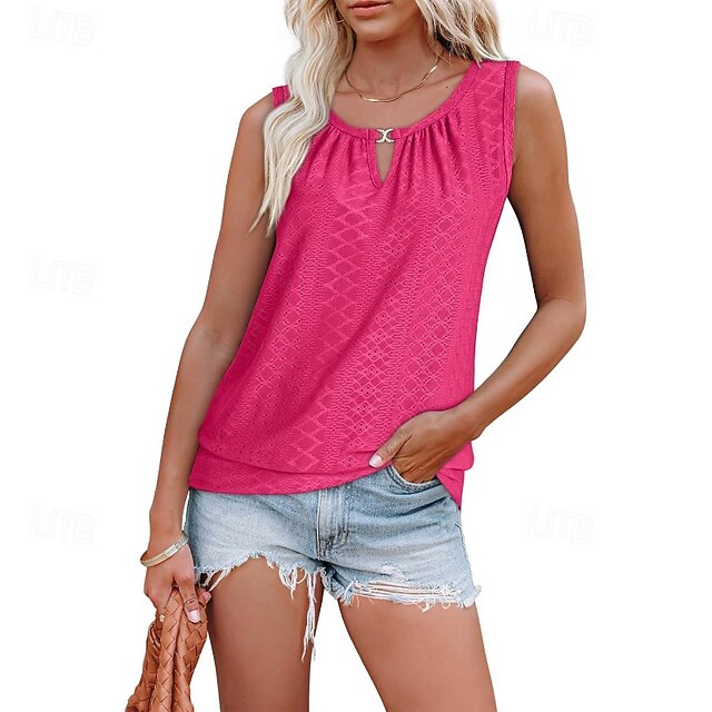 Women's T Shirt Eyelet Solid Color Casual Sleeveless Crew