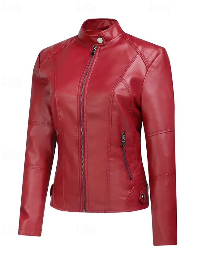 Comfortable Jacket Faux Pocket Zipper Women's Leather