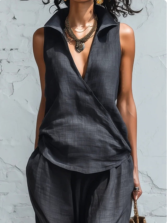 Women's Pants Sets Sleeveless V Neck Solid Color Fashion