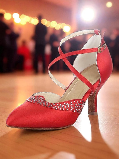 Women's Shoes Toe Closed Dance Satin Red Ballroom Cross -