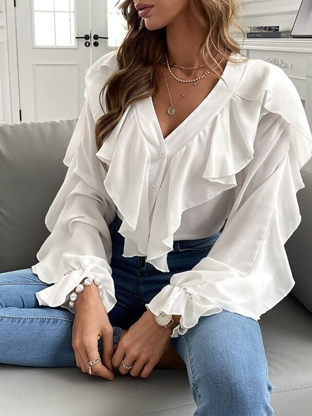 Women's Casual Shirt Blouse Chiffon Tops Ruffle Buttons