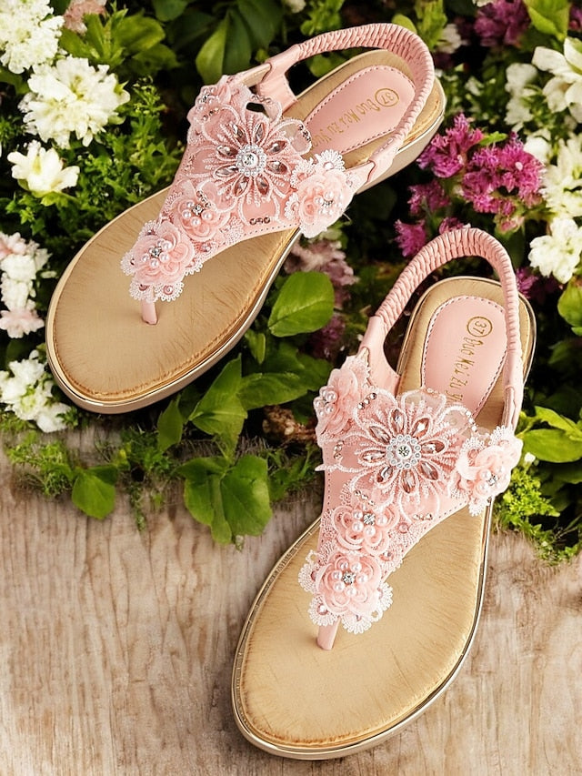 T-Strap Embellished Floral Lace Pink – Sandals Women's