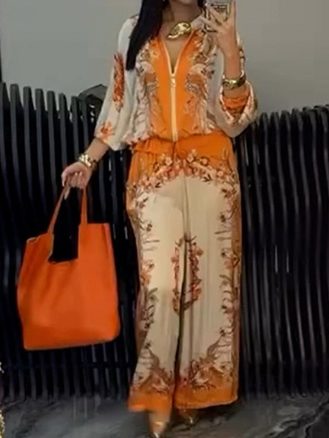 Women's Blouse Pants Sets Long Sleeve Stand Collar Floral